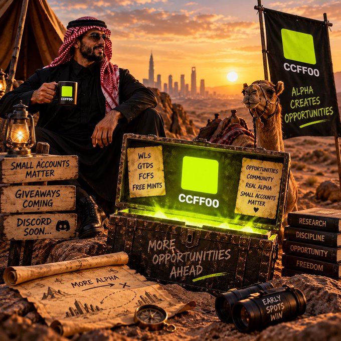 A desert scene at sunset featuring a man in traditional Arab attire holding a 'CCFFOO' mug next to a glowing treasure chest labeled 'CCFFOO', a camel, a flag reading 'CCFFOO ALPHA CREATES OPPORTUNITIES', and signs about 'SMALL ACCOUNTS MATTER'.