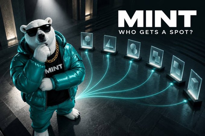 A stylish polar bear wearing sunglasses, a gold chain, and a teal puffer jacket featuring the "MINT" logo stands thoughtfully in a dimly lit room, illuminated by glowing teal lines connecting him to a row of glass display cases holding different 3D token designs. Bold text reads "MINT — WHO GETS A SPOT?" directly tying into the post's thesis about the selective nature of Robinhood's potential $MNTD token drop and who will earn a coveted listing.