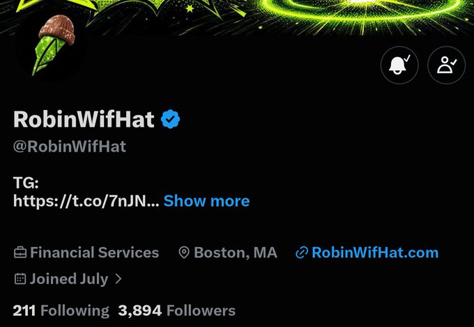 This image shows a verified X (Twitter) profile for "RobinWifHat" (@RobinWifHat) with a bio linking to https://t.co/7nJN..., categorized under Financial Services based in Boston, MA with 211 Following and 3,894 Followers. The profile, which features a mushroom-hat character avatar, relates to the post's announcement of the $ROBINWIFHAT token built on Robinhood Chain with a 2,222 supply that launched and reached over $1M market cap, providing ERC-8004 verifiable on-chain identity utility.