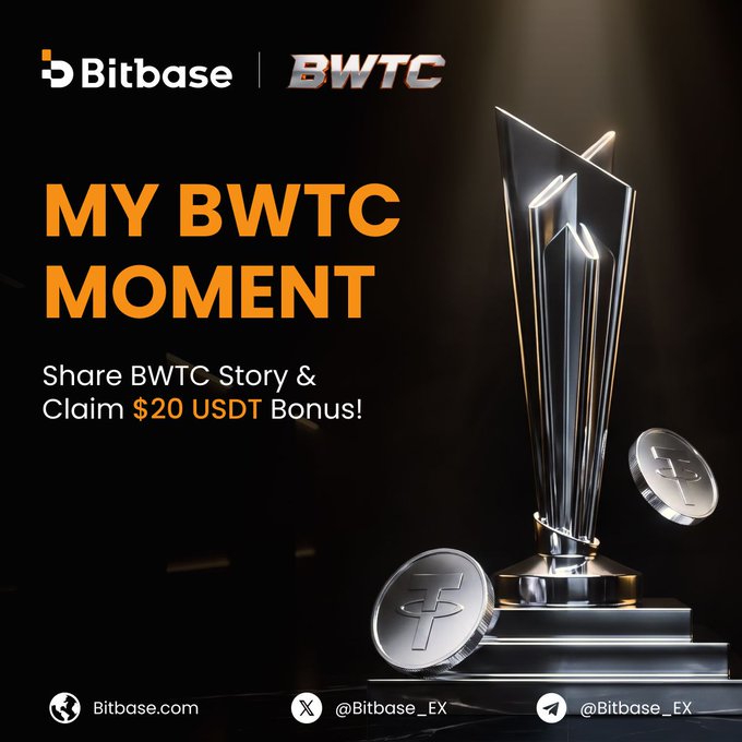 A promotional advertisement from Bitbase and BWTC featuring a silver trophy and crypto coins with the text 'MY BWTC MOMENT' and 'Share BWTC Story & Claim $20 USDT Bonus!' along with contact details Bitbase.com, @Bitbase_EX.