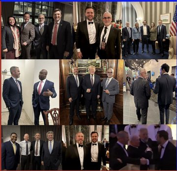 A collage of eight photos showing men in suits at what appears to be a formal event, likely in a U.S. Capitol building setting.