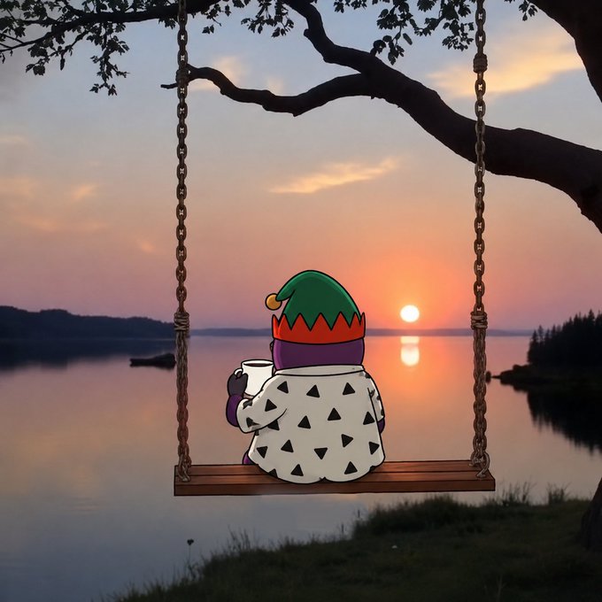 An animated elf character wearing a green hat and patterned robe sits on a swing overlooking a serene lake at sunset, holding a mug. The peaceful, tranquil scene mirrors the post's message of calm optimism, suggesting that despite negative catalysts for Bitcoin (like Saylor's $100M sale), the market is holding steady and it's "a good day to be a bull."
