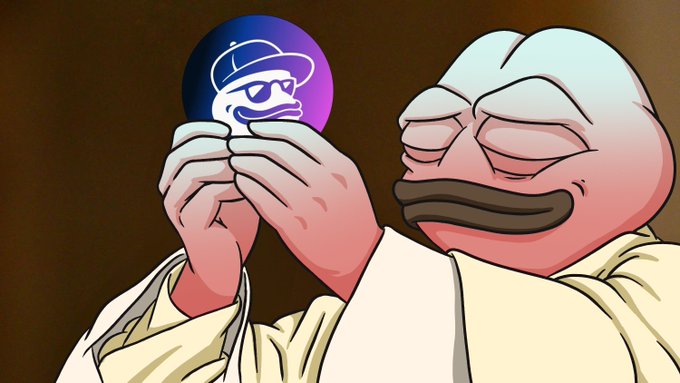 A cartoon duck character in a beige robe holds up a purple orb displaying a "duck wearing a hat" logo, eyes closed in apparent reverence—relating to the post about @vibe_trading's vision for all tokens having a perp market from launch, with the sacred orb symbolizing the imminent arrival of perpetual futures trading for every token.