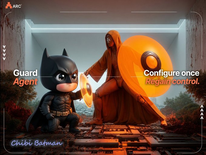 A chibi-style Batman labeled "Guard Agent" holds an orange shield next to a hooded figure wielding a larger shield, with the ARC logo and tagline "Configure once. Regain control." The playful hero imagery visually reinforces the post's description of ARC Guard Agent as an autonomous protector that monitors open trades and manages exits on your behalf.