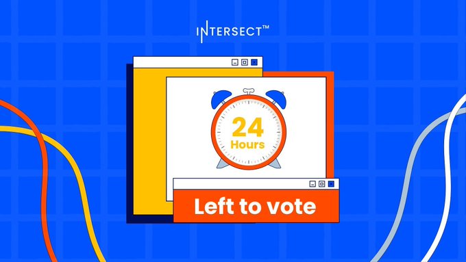 A countdown graphic showing "24 Hours Left to vote" alongside the Intersect logo, reinforcing the post's urgent reminder that only 24 hours remain to vote on the 2026 Budget Process and 11 Hydra treasury withdrawal proposals before the epoch ends.
