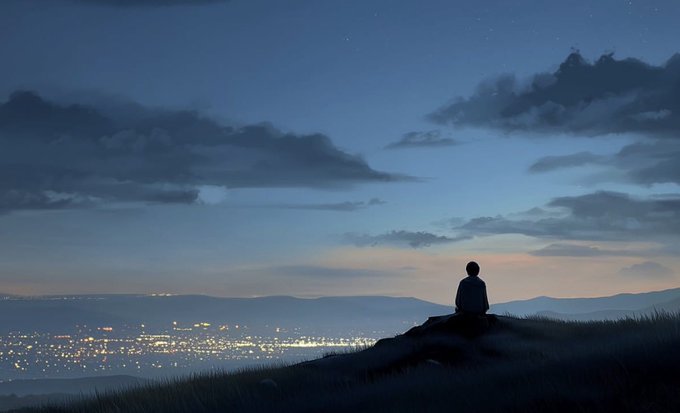 An anime-style illustration of a silhouetted figure sitting on a hillside at twilight, looking out over a sprawling city lit up with lights beneath a dusky blue sky with scattered clouds.