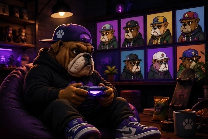 A bulldog character wearing a purple cap and hoodie, sitting on a beanbag playing a video game, with framed portraits of similar dogs on the wall behind.
