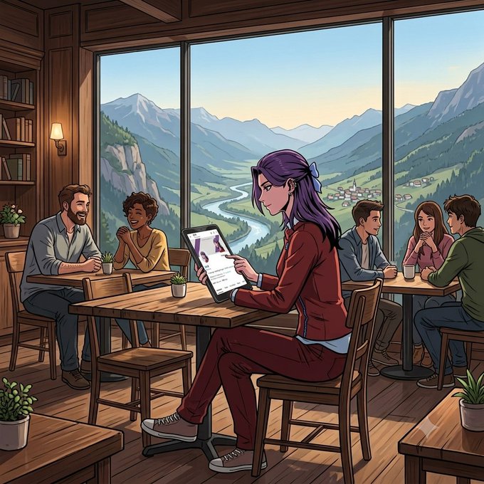 A young woman looks at an NFT marketplace on her tablet in a cozy cafe with a scenic mountain view, illustrating the post's theme of interest in NFTs. The tablet screen shows what appears to be an NFT listing with a user name and a price.