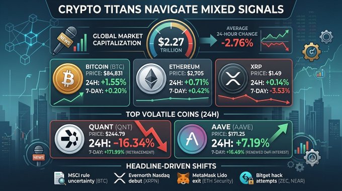 The image is an infographic titled "Crypto Titans Navigate Mixed Signals," displaying global crypto market capitalization at $2.27 trillion with a -2.76% 24-hour average change, alongside price cards for Bitcoin ($84,831), Ethereum ($2,705), and XRP ($1.49), plus volatile movers AAVE (+7.19%) and QUANT (-16.34%), illustrating the headline-driven shifts described in the post.