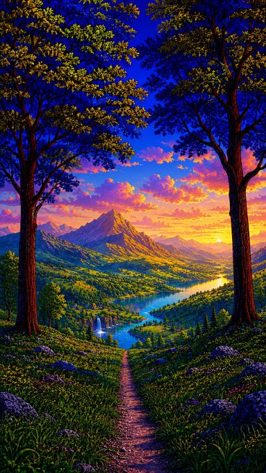 A vibrant, colorful landscape painting showing a path through a meadow framed by two large trees, leading to a winding river and mountains under a dramatic sunset sky.