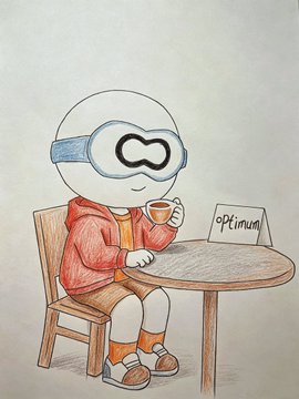 A hand-drawn sketch of a small character wearing a VR headset labeled 'optinug' sitting at a table with a coffee cup.