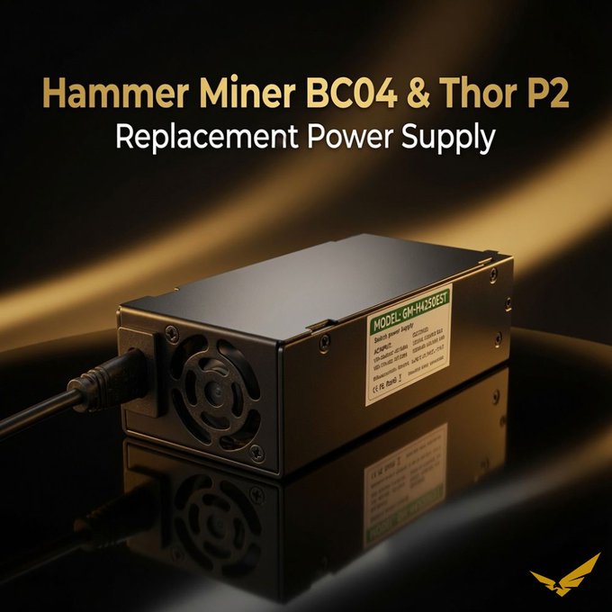 Product image showing a black power supply unit with text 'Hammer Miner BC04 & Thor P2 Replacement Power Supply' displayed above it on a dark background.