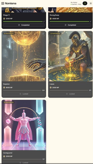 A screenshot of the Nomisma dashboard shows completed "Stage 11" and "SlugbySwap" quests alongside locked quests for "Kopaion," "Liqua," and "CandyLand," each worth points like 4000 NP and 2000 NP. The post references these locked stage 11 quests on @NomismaNetwork while sharing the user's daily point claiming routine, which the partially completed state of the dashboard visually reflects.