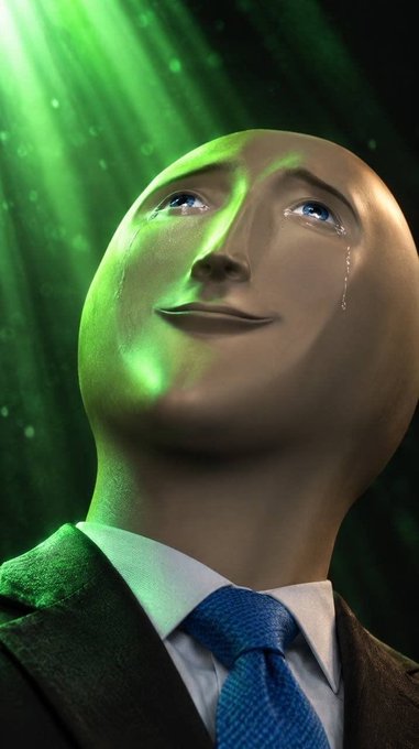 A 3D-rendered stylized human figure in a suit and blue tie looking upward with a tear on its cheek, illuminated by dramatic green light beams.