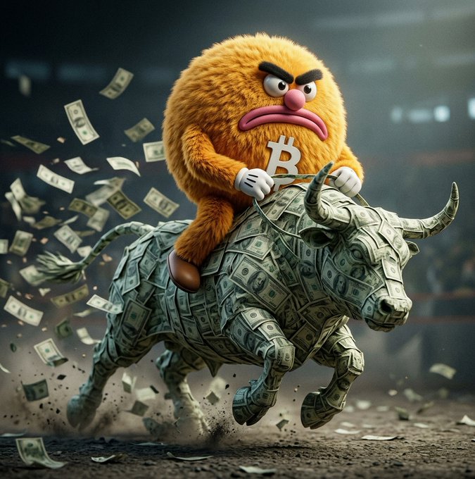 A cartoonish orange Bitcoin mascot with an angry expression rides a bull constructed entirely from dollar bills through a dust-filled arena.