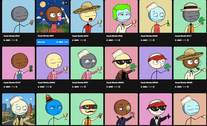 The image features a grid of 16 different cartoon characters, each with their own unique style and pose. These characters are displayed against a gray background, making them stand out prominently. The post appears to be about a collection or sale of these characters, as indicated by the caption "dUMP #NFT #ETH #DumbWorlds". This suggests that the image is related to an online marketplace for collectible cartoon characters or artworks.

The characters are arranged in four rows and four columns on the screen, with each row containing four characters. The characters vary in size and style, showcasing a diverse range of artistic expressions. Some characters have hats, while others don't, adding variety to their appearances. Overall, the image is an engaging visual representation of the world of cartoon characters and artworks for sale or collection.