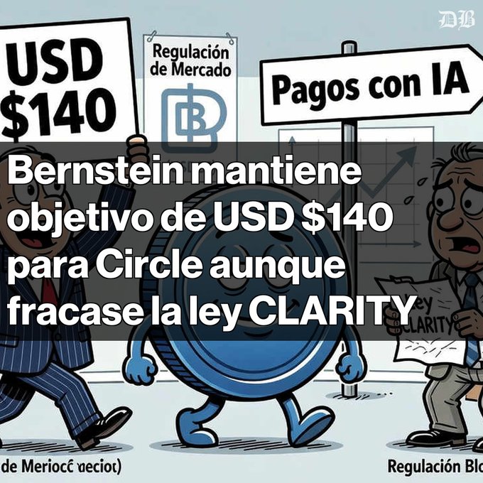 A cartoon-style financial graphic shows a USD $140 sign, a "Regulación de Mercado" poster, and a "Pagos con IA" billboard, with Spanish text stating "Bernstein mantiene objetivo de USD $140 para Circle aunque fracase la ley CLARITY" overlaid on a walking coin character.