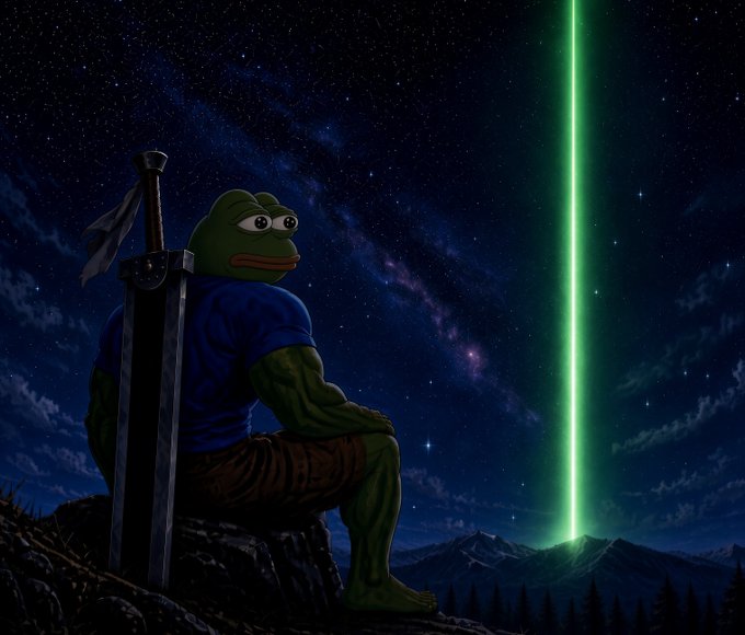 A muscular Pepe the Frog warrior sits with a large sword planted in the ground beside him, gazing up at a brilliant green laser-like beam shooting into the starry night sky from a distant mountain peak—visually echoing the post's theme of sudden, powerful "god candles" appearing without warning in the markets.