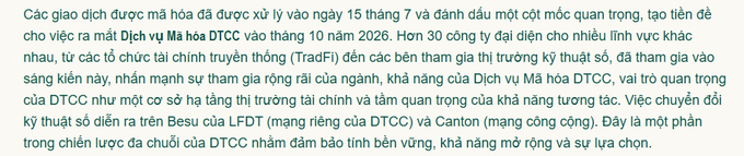 The image shows a paragraph of Vietnamese text discussing DTCC's tokenization milestone, noting that tokenized transactions were processed on July 15 and that the organization aims to launch its Tokenization Service in October 2026, with over 30 institutions participating. The post highlights this as a major catalyst for Chainlink (LFDT).