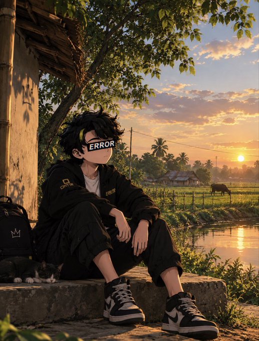 An anime-style illustration shows a boy with 'ERROR' text over his eyes sitting on concrete steps at sunset, wearing black streetwear and sneakers.