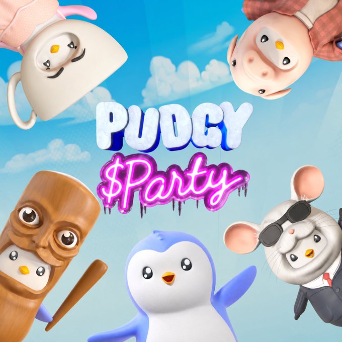 Promotional artwork for "PUDGY $Party" featuring cartoon characters including a penguin, a mug, and a mouse against a bright blue sky.