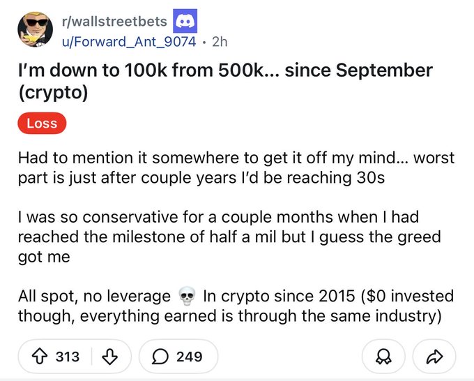 The image features a photo of someone's face, possibly a person from the Wall Street Beat group or another social media user. The photo includes text that seems unrelated to the subject being posted - specifically, it talks about Bitcoin. The caption on the image reads "If this guy would have just bought bitcoin with $500k in September he'd only be down to $325k". This caption suggests that a person's financial situation could have been negatively impacted by investing in Bitcoin in September if they were too conservative or imprudent in their decision. The image is likely intended as part of the Wall Street Beat group's ongoing post about losing 100k from Bitcoins in September, even though it has nothing to do with the main subject being posted on the social media platform.