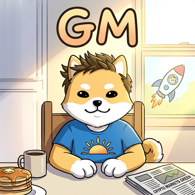 A cartoon illustration of a Shiba Inu dog wearing a blue shirt with a sunrise graphic sitting at a table with pancakes and a newspaper titled 'CRYPTO MARKETS GREENLY', with 'GM' displayed prominently above.