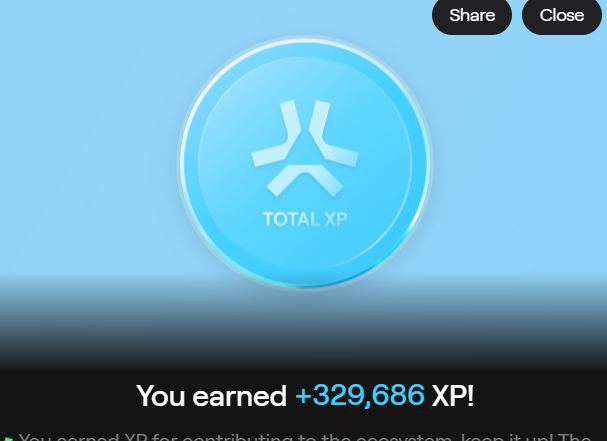 A blue Abstract XP notification screen displaying "You earned +329,686 XP!" in a glowing circular badge labeled "TOTAL XP," with Share and Close buttons in the upper right.