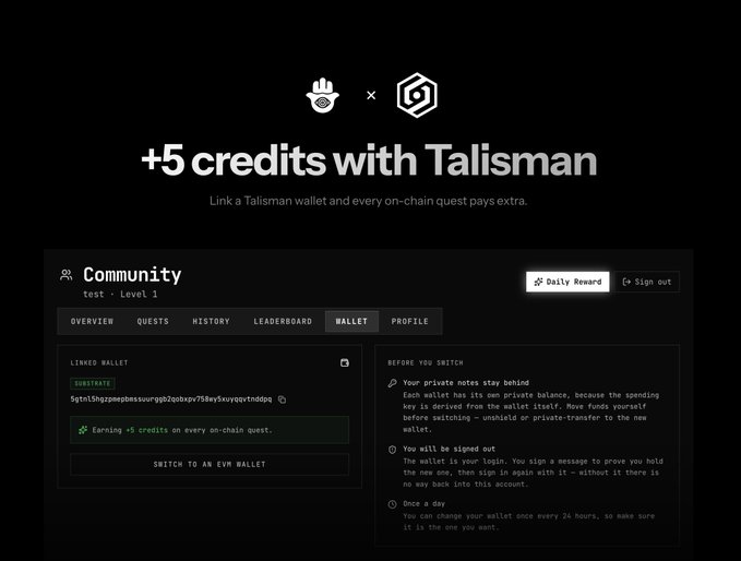 A dark-themed wallet interface advertising '+5 credits with Talisman', showing a linked wallet status and options to switch to an EVM wallet with notes on private keys and signing.