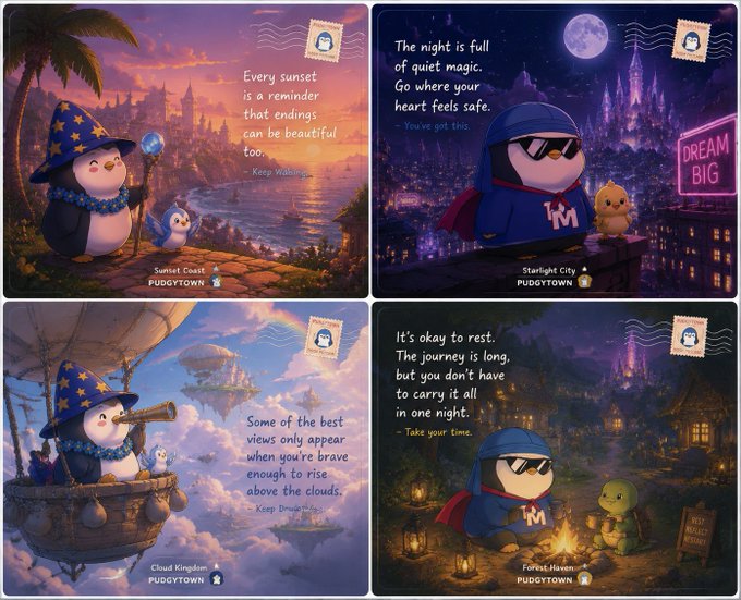 Four whimsical penguin-themed "PudgyTown" digital postcards featuring inspirational quotes about sunsets, magic, bravery, and rest, set in locations like Sunset Coast, Starlight City, Cloud Kingdom, and Forest Haven.