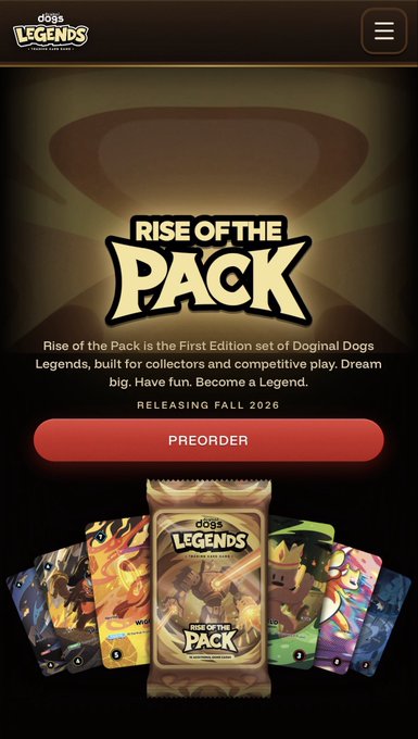 A mobile promotional screen for 'Doga Legends' featuring 'Rise of the Pack' as the first edition set, with a 'PREORDER' button and a 'RELEASING FALL 2026' label.