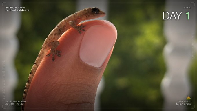 A close-up of a small gecko perched on a person's fingertip against a green background, with text overlays reading 'PROOF OF GRASS verified outdoors', 'STREAK DAY 1', 'DATE OF CERTIFICATION JUL 04, 2026', and 'CERTIFIED BY touch grass'.