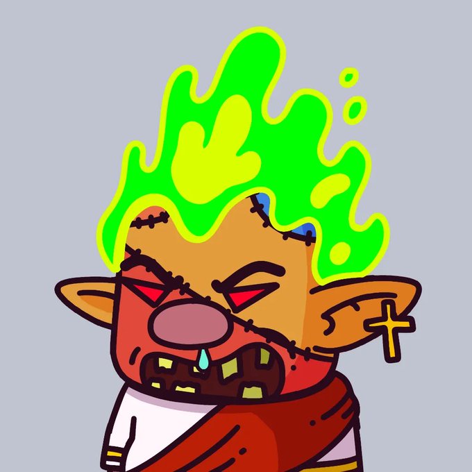 A cartoon zombie character with green flame-like hair, stitched face, red glowing eyes, a nose ring, and a cross earring in its pointed ear, drooling on a gray background.