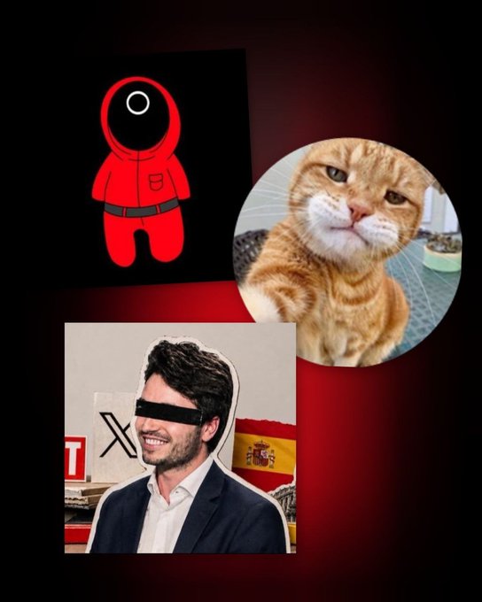 A collage on a red background featuring a red Squid Game guard figure, a circular image of an orange tabby cat, and a photo of a smiling man in a suit with a black censor bar over his eyes.
