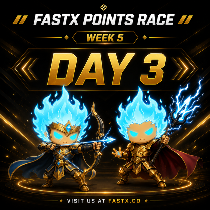 Promotional graphic for 'FASTX POINTS RACE WEEK 5 DAY 3' featuring two blue-haired warrior characters with glowing weapons and the URL 'VISIT US AT FASTX.CO'.