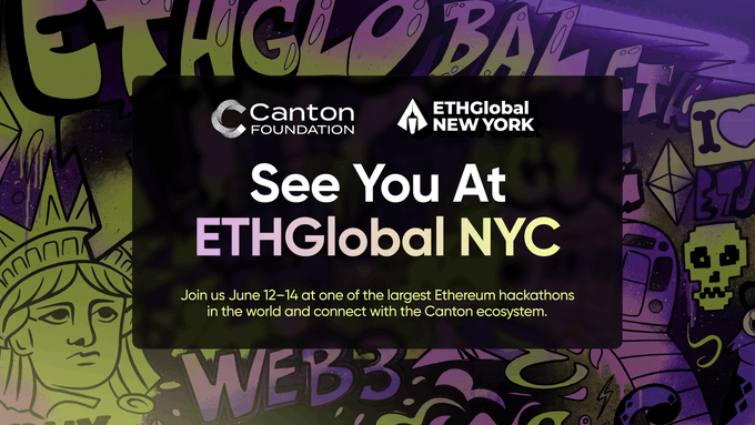 The image features a poster for an event that is happening in New York City. The poster has a purple background with white text that reads "See You At @ETHGlobal NYC" and "Canton Foundation is heading to @ETHGlobal New York, one of the largest Ethereum hackathons in the world". There are also some images on the poster, including a picture of a woman wearing a crown. The event appears to be focused on technology and innovation, as it is being held at the Metropolitan Pavilion.