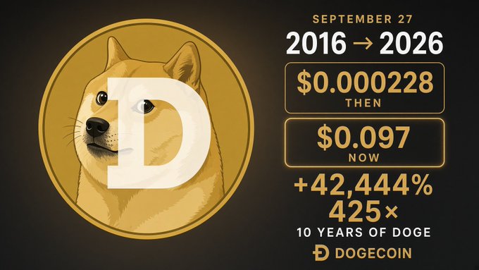 The image is a celebratory 10-year Dogecoin ($DOGE) graphic highlighting the price journey from September 27, 2016 ($0.000228) to 2026 ($0.097), showcasing a gain of +42,444% or 425×, which ties directly to the post's reference of $DOGE's 2016 closing price as a starting benchmark.