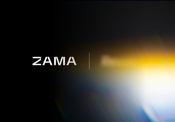 A ZAMA logo displayed in white text on a dark background with a colorful lens flare effect on the right side.