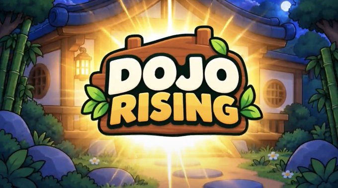 A vibrant logo for 'DOJO RISING' is displayed on a wooden sign set against a backdrop of a Japanese-style building, bamboo, and glowing light.