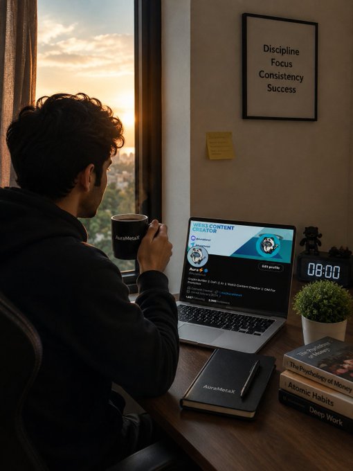 A man in a hoodie sits at a desk holding an 'Aurametax' mug while working on a laptop; a framed sign reads 'Discipline Focus Consistency Success,' and books including 'Atomic Habits' and 'Deep Work' are nearby.