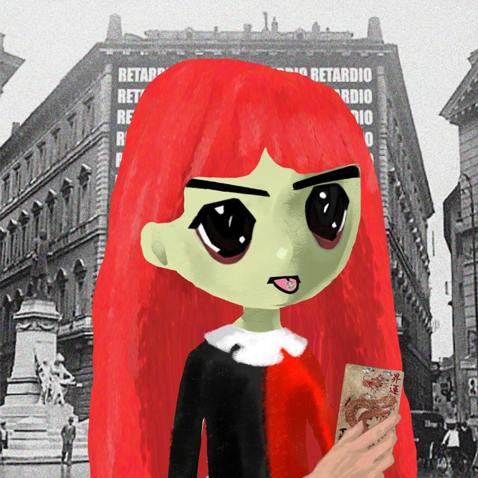 An artistic illustration of a girl with vibrant red hair and large expressive eyes holding what appears to be an envelope with a dragon design, set against a black and white urban cityscape backdrop.