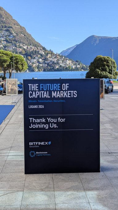 A lakeside sign reads “THE FUTURE OF CAPITAL MARKETS,” “Bitcoin · Tokenization · Securitisation,” “LUGANO 2025,” and “Thank You for Joining Us,” with BITFINEX and Blockchain Capital Partners logos.