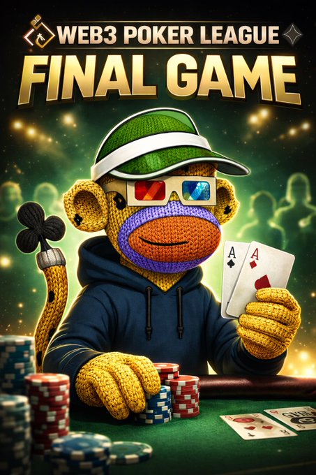 A promotional graphic reads 'WEB3 POKER LEAGUE FINAL GAME' featuring a knitted sock monkey character in a green visor and hoodie holding two aces with poker chips on the table.