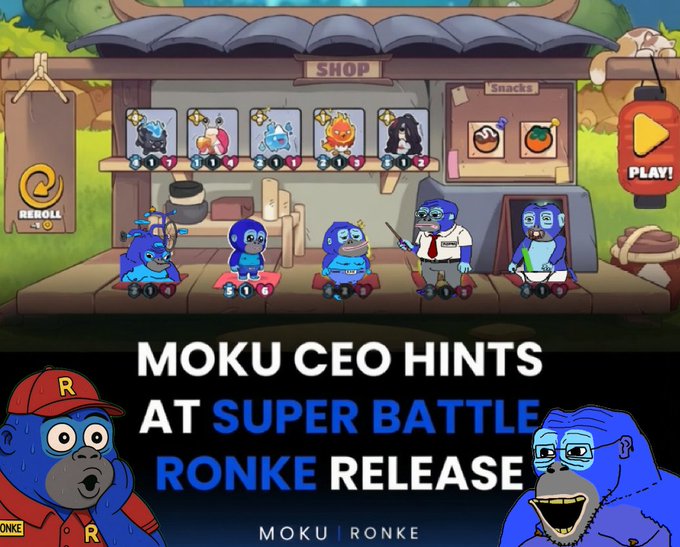 A gaming-themed image with 'MOKU CEO HINTS AT SUPER BATTLE RONKE RELEASE' text, showing cartoon blue monkey characters in what appears to be a shop interface.