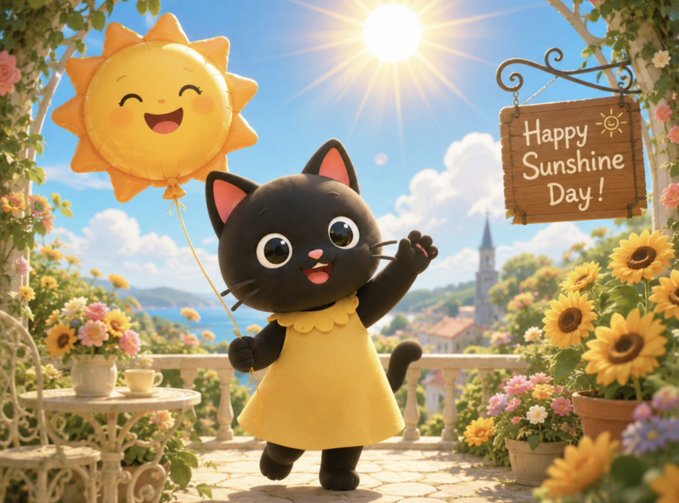 A 3D-rendered black cat character in a yellow dress holding a smiling sun balloon, with a wooden sign reading "Happy Sunshine Day!" in a flower-filled garden setting.