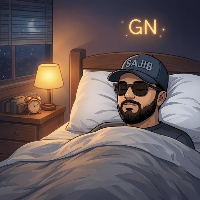 An illustrated cartoon of a bearded man wearing a 'SAJIB' cap and sunglasses sleeping in bed, with 'GN' (good night) glowing above and a lamp, alarm clock, and starry window beside him.