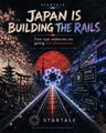 A poster reads 'JAPAN IS BUILDING THE RAILS' with 'EVANSTALE' at the bottom, showing a stylized red sun over a railway track.