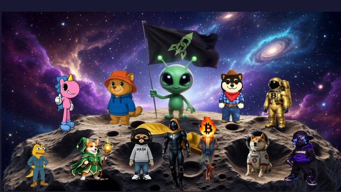 The image features a cartoon-like scene with various characters standing together, including an alien character holding a flag that says "Man on GemChain". The characters are dressed in different outfits, adding variety to their appearances. The background of the image is filled with stars and planets, creating a sense of space or outer space theme. The caption for this meme reads: "MAN ON GemChain @RealManyu #gemchainapp".
