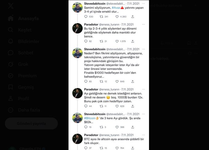 A Twitter/X conversation between @stevedabitcoin and @eness_turan on 7.11.2021, where Parador predicts a 2-3-4 year bear cycle and AVAX holders going "3-4 years without work," followed by stevedabitcoin questioning if a 3-kere (3x) move still stands, and Parador replying that BTC is now shifting to proof-of-stake, ending the mining era.