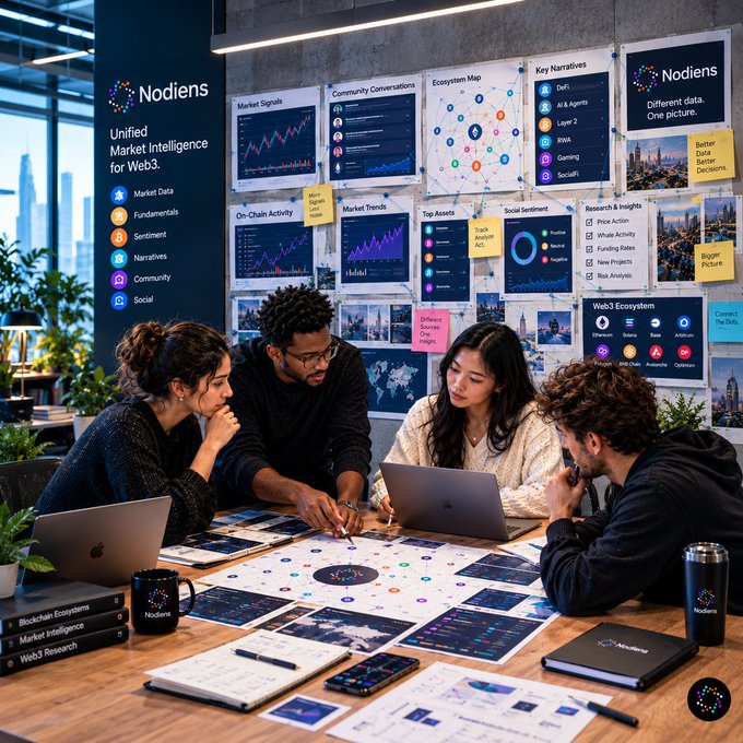 A team of four people collaborates around a table in an office, surrounded by wall-mounted charts labeled 'Nodiens', 'Unified Market Intelligence for Web3', 'Market Signals', 'Community Conversations', 'Ecosystem Map', 'Key Narratives', 'On-Chain Activity', 'Market Trends', 'Top Assets', 'Social Sentiment', 'Research & Insights', and 'Web3 Ecosystem', along with notebooks titled 'Blockchain Ecosystem', 'Market Intelligence', and 'Web3 Research'.